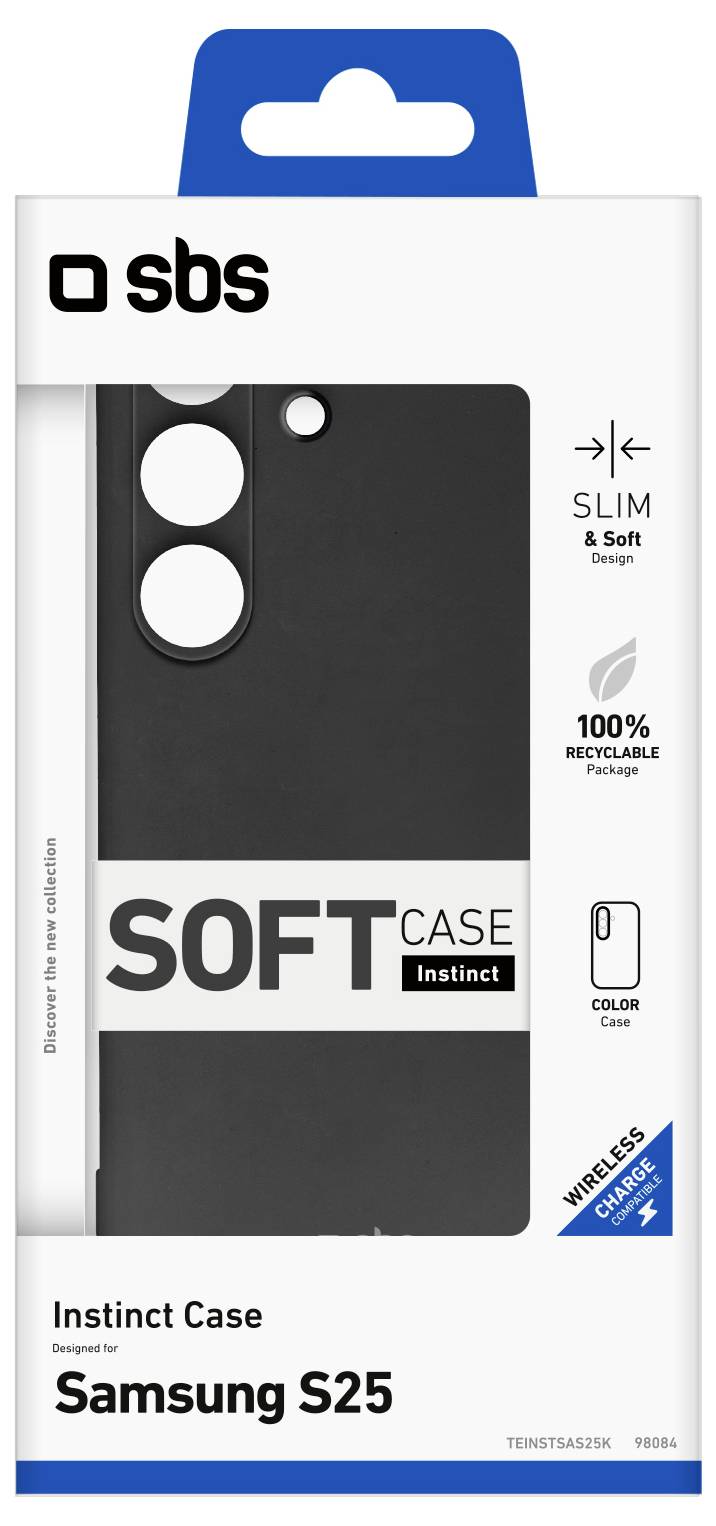 'Instinct Case' for Samsung S25, black cover shown in retail packaging. Features: slim, soft, 100% recyclable, color case, wireless charge.