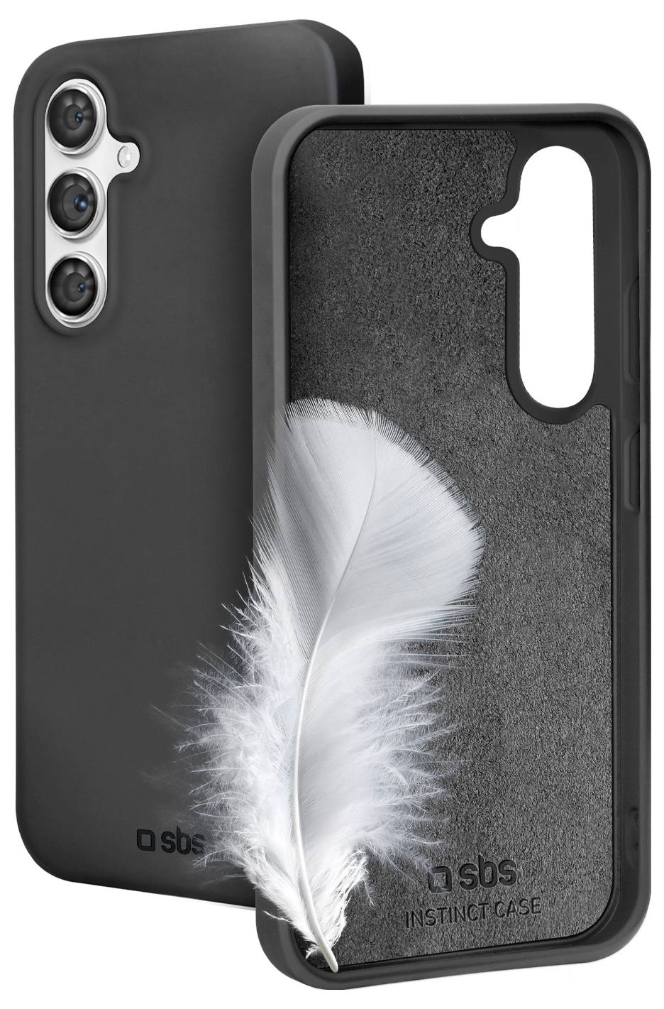 A black smartphone case with a soft interior lining, featuring a delicate white feather design, emphasizing lightness and protection.