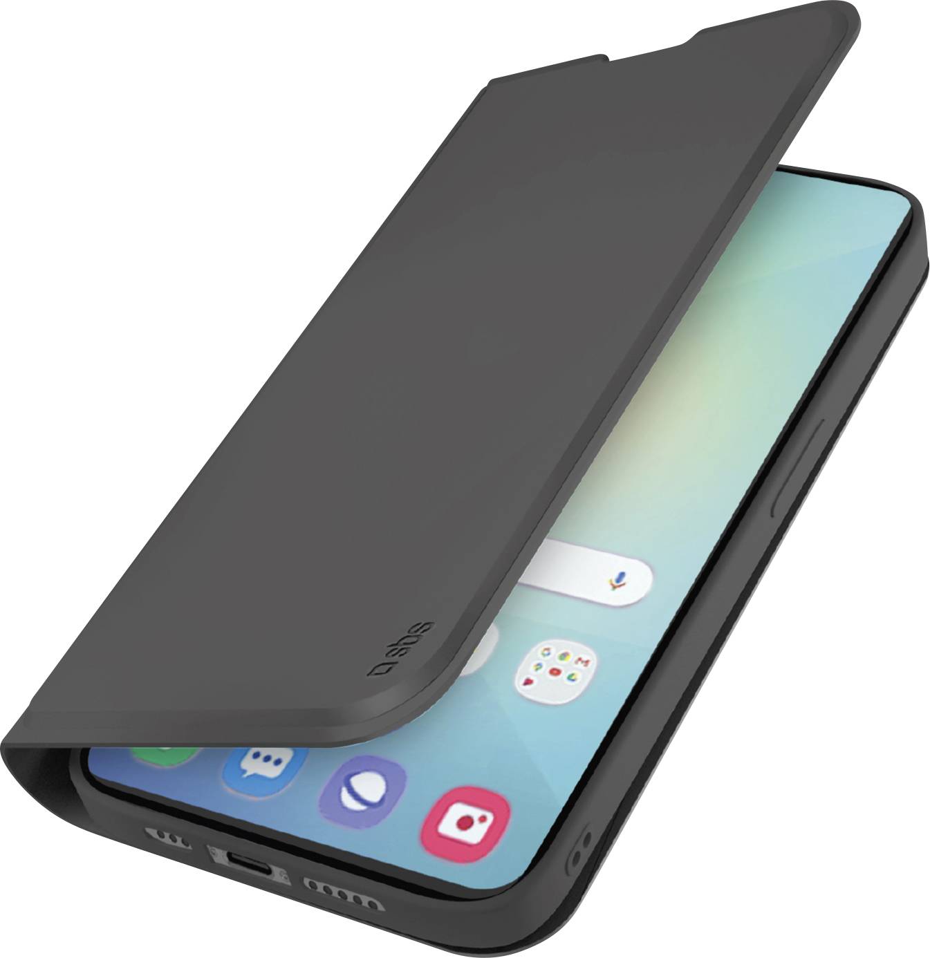 A smartphone with a sleek, black flip cover partially open, displaying a colorful home screen with app icons, on a light background.