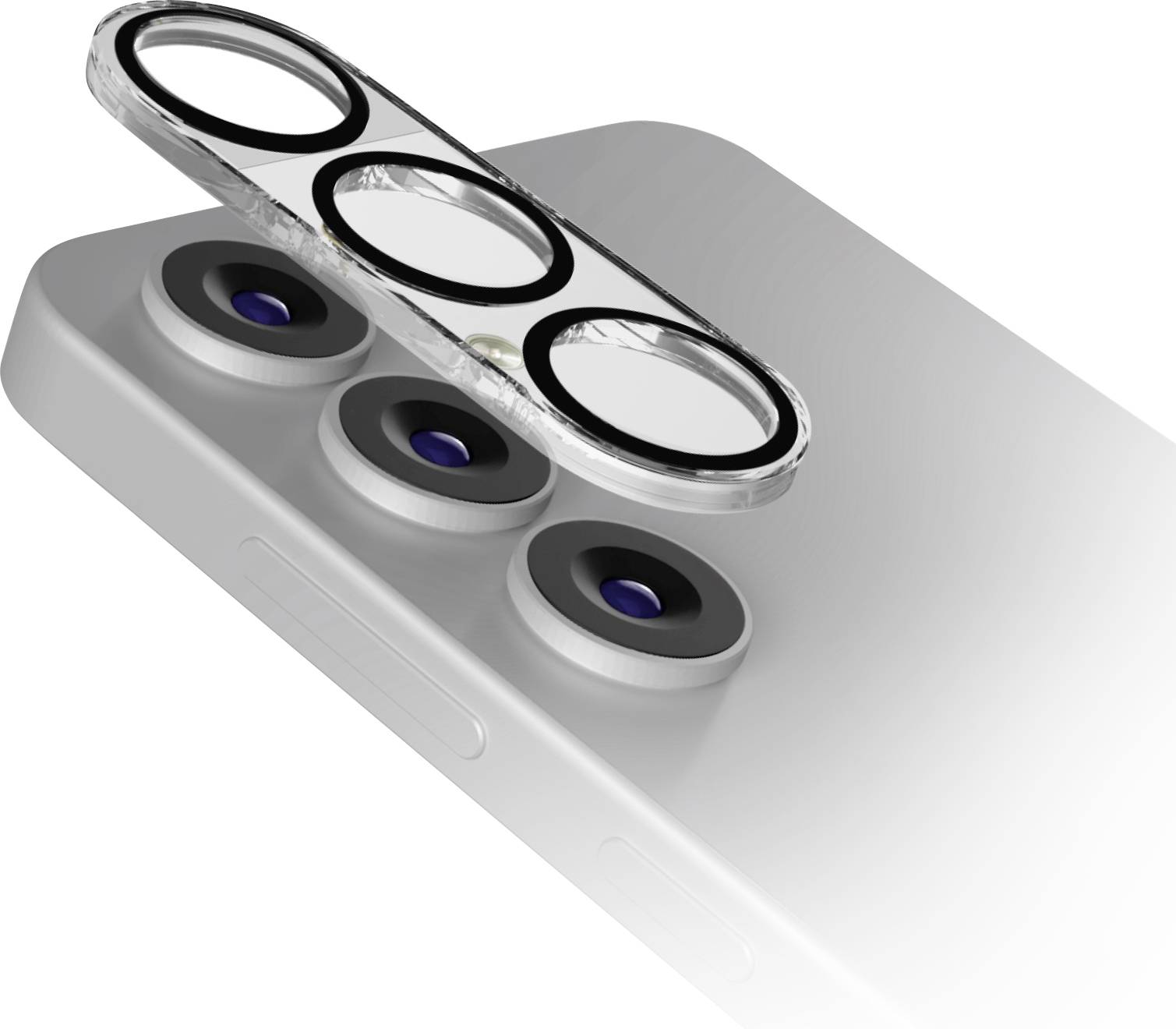 'A smartphone with a triple-lens rear camera and an unattached protective cover hovering above, showcasing lens placement and design.'