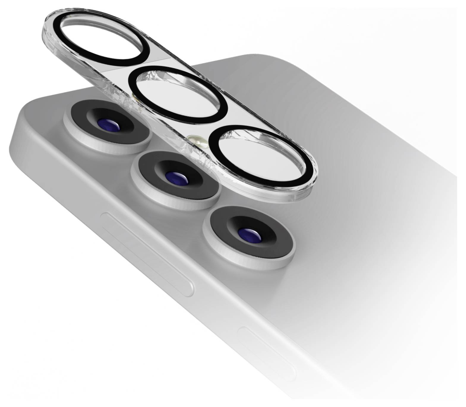 'Illustration of a smartphone with three camera lenses showing an exploded view of the camera lens cover above the device.'