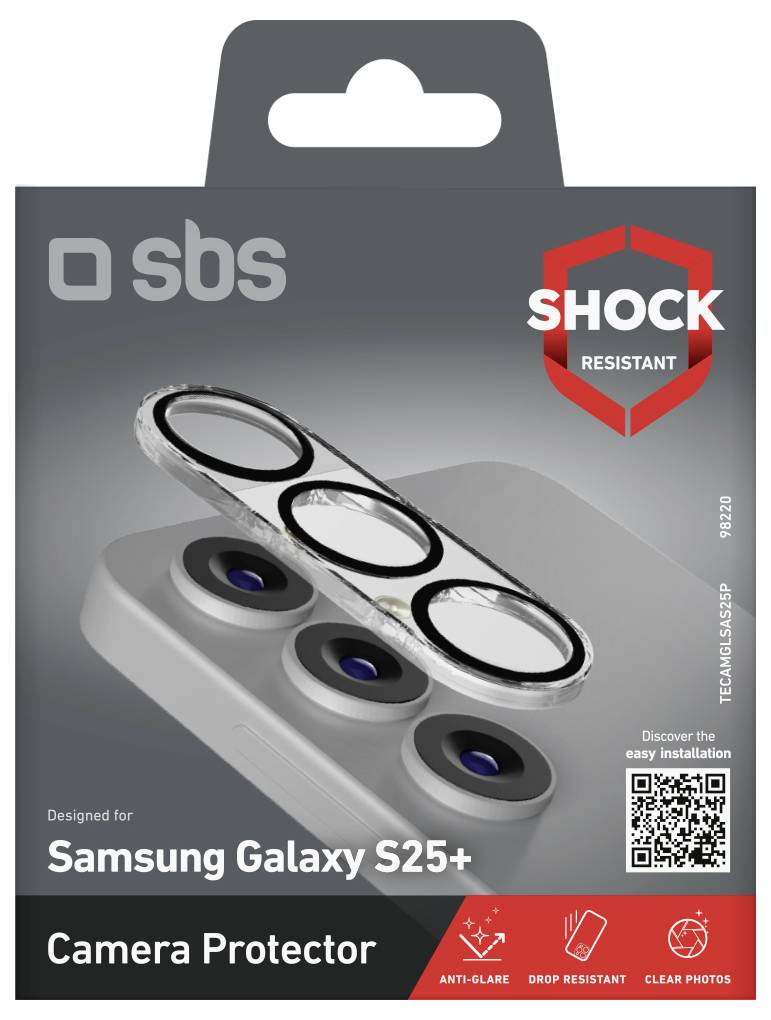 'Camera Protector for Samsung Galaxy S25+,' featuring three lens covers. Highlights: anti-glare, drop-resistant, and clear photos.
