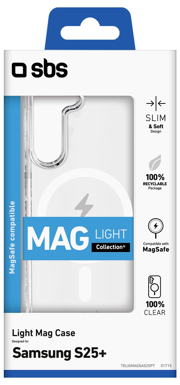 'Light Mag Case for Samsung S25+' packaging features. Compatible with MagSafe, slim design, 100% clear and recyclable material.