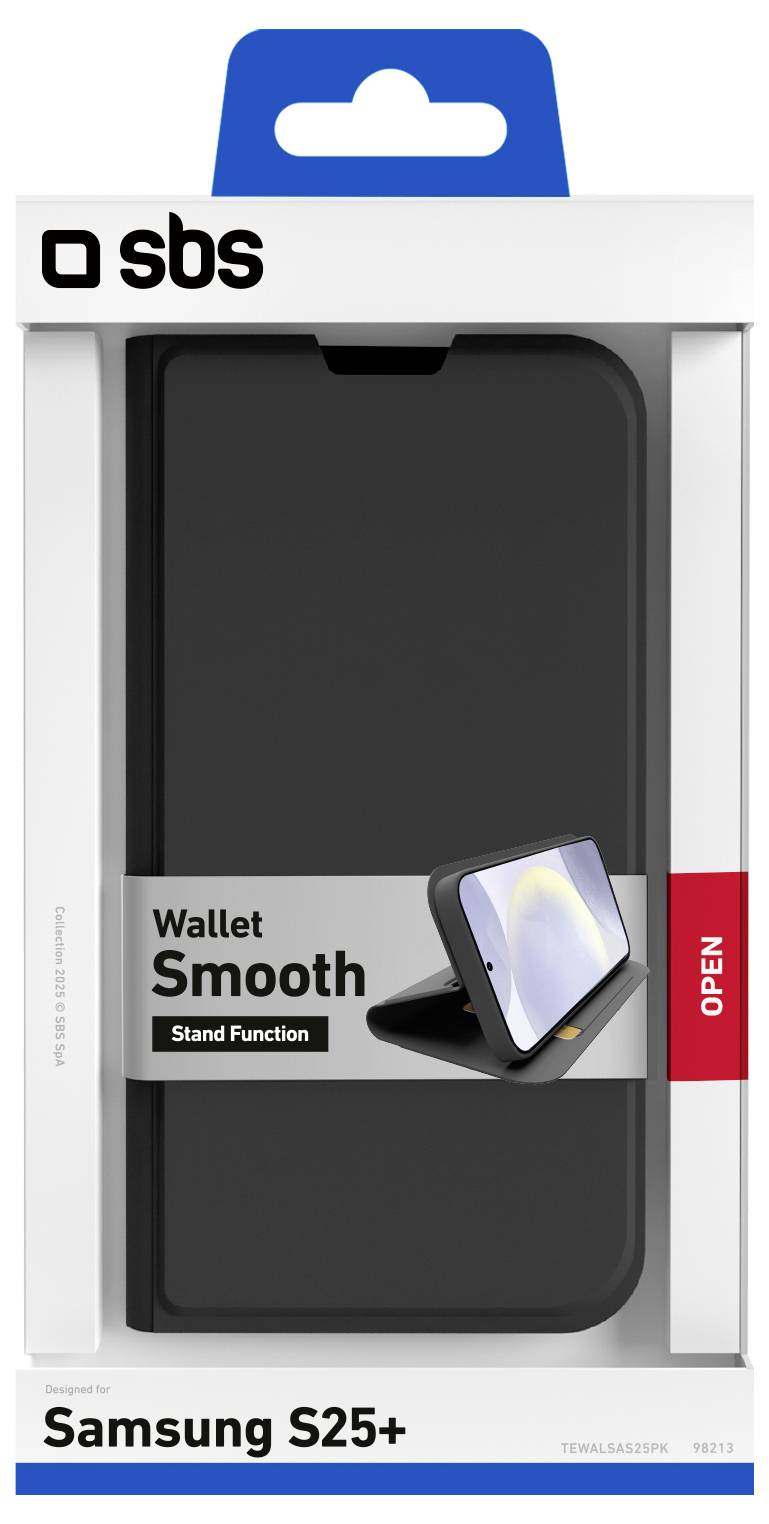 'Wallet Smooth Stand Function' phone case packaging for Samsung S25+, featuring a black case with a built-in stand for viewing.