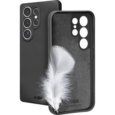 A black phone case features a soft interior with the image of a light feather, emphasizing its lightweight and protective qualities.
