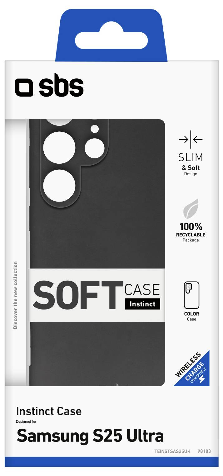 'SOFT CASE Instinct': Black slim case for Samsung S25 Ultra, emphasizes wireless charging support and 100% recyclable packaging.