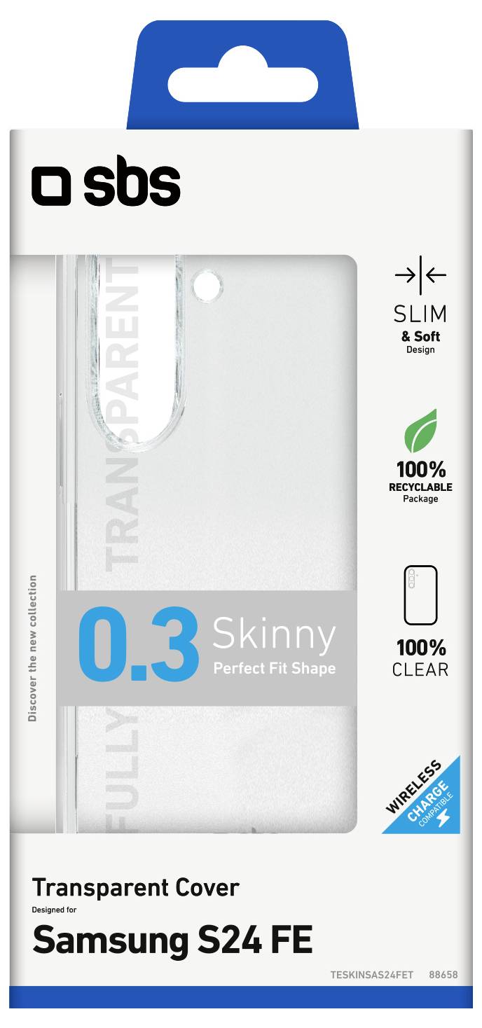 'Transparent Cover for Samsung S24 FE, slim, soft, 100% recyclable and clear, compatible with wireless charging. 0.3 skinny.'
