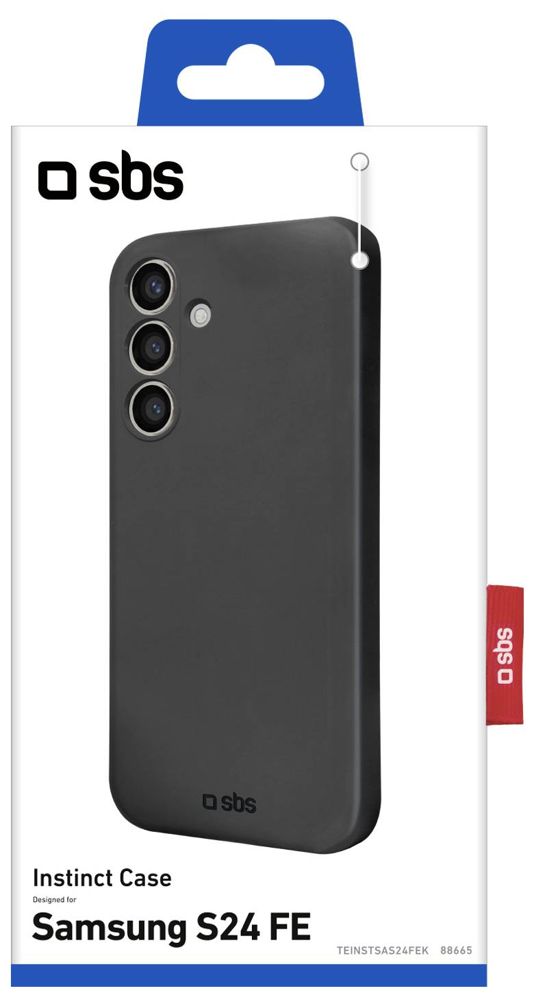 'Samsung S24 FE Instinct Case' packaging with black phone case image, SBS logo, and product details on a white background.