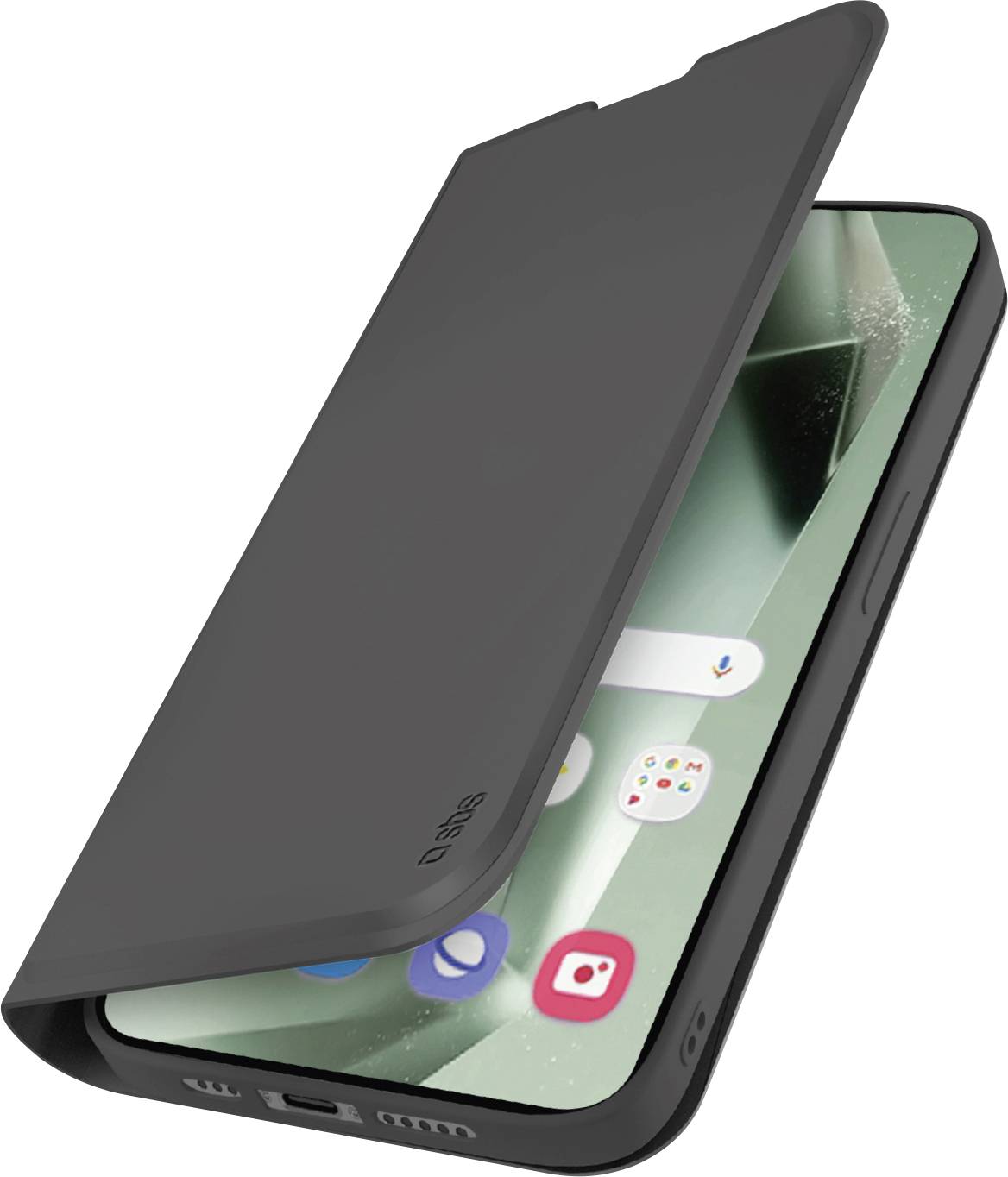 A smartphone in a black flip case, partially open, revealing a home screen with app icons; case brand logo visible on the cover.