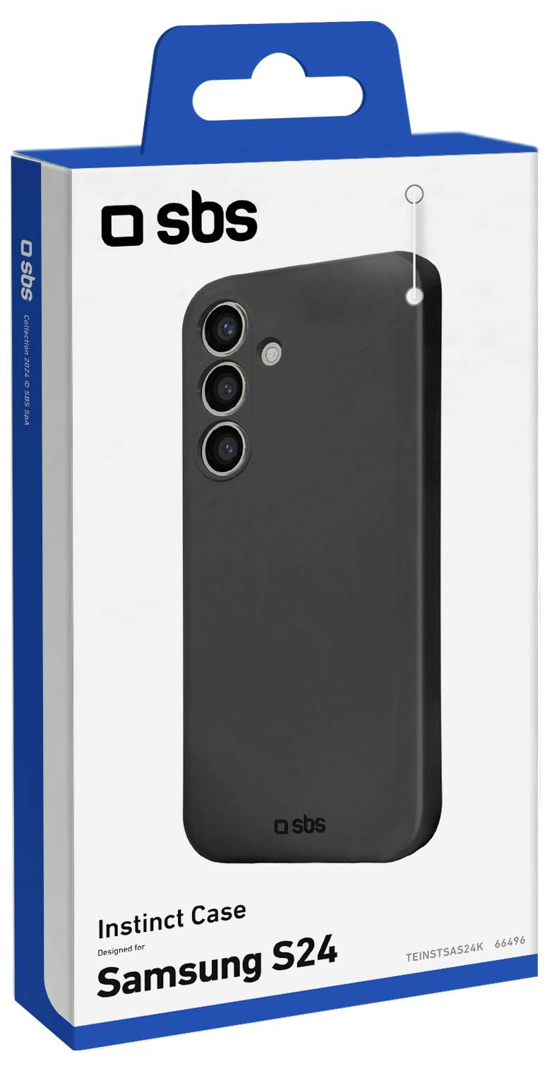 'Instinct Case' packaging for 'Samsung S24' smartphone by 'SBS', showing a black phone case on a white background.