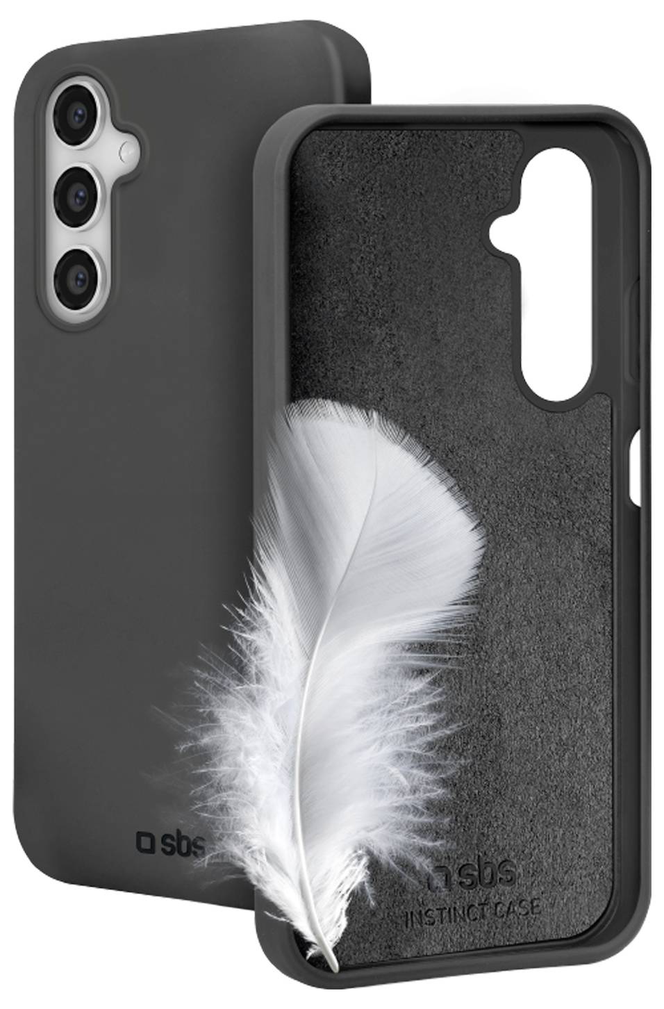 Black smartphone case with a soft texture, featuring a white feather design.