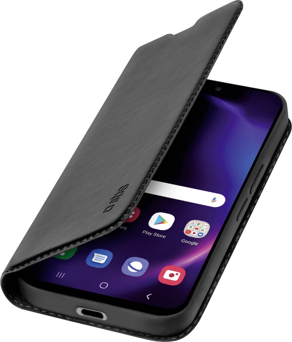 A smartphone with a partially open black leather case showing the home screen interface with app icons visible.