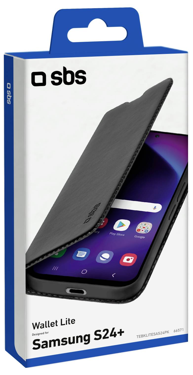 'Wallet Lite Cover for Samsung S24+' packaging features a black phone case partially covering a Samsung phone with app icons displayed.