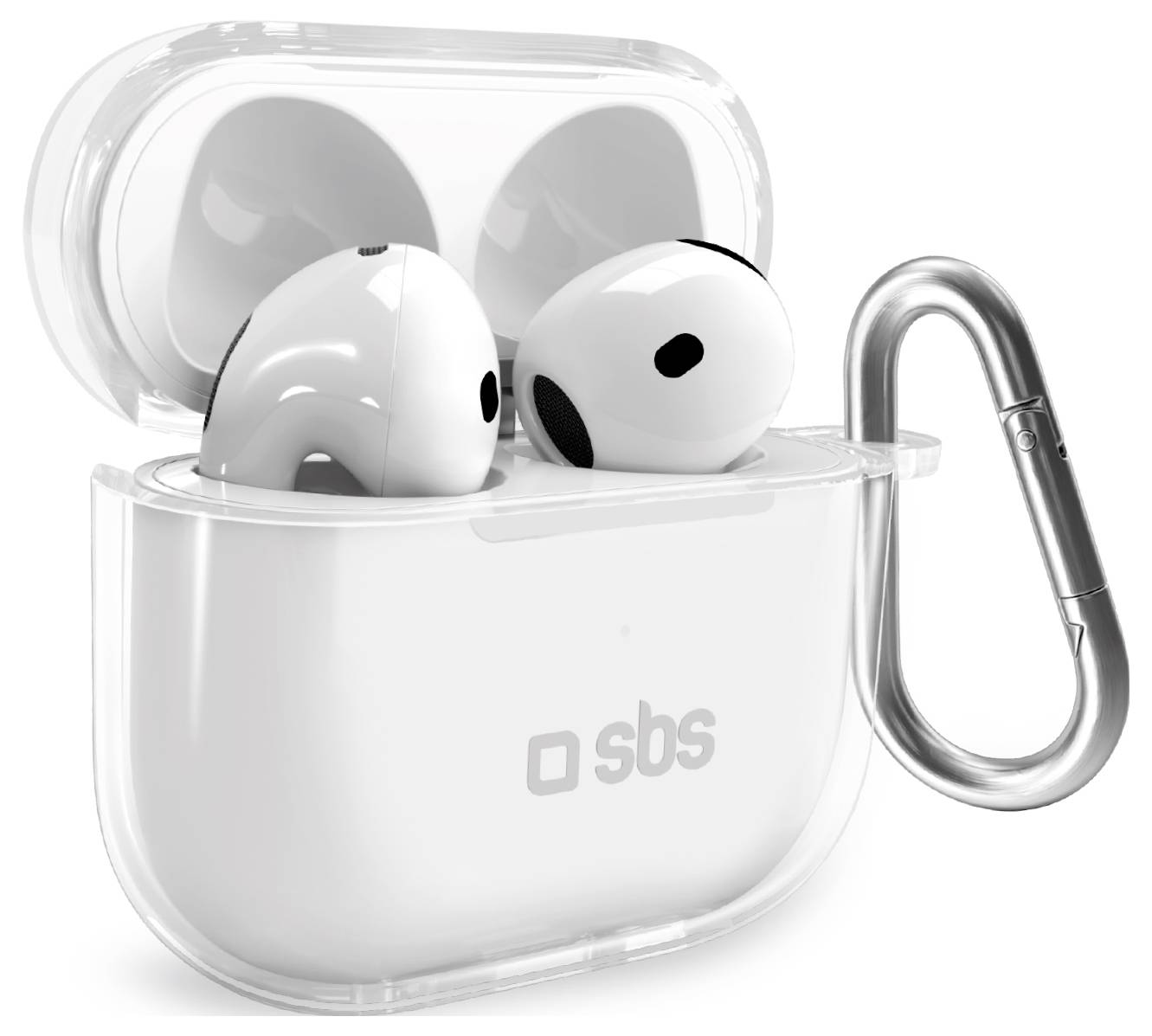 Open white wireless earbuds case with earbuds inside, branded 'sbs', and a silver carabiner attached for carrying.