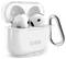 Open white wireless earbuds case with earbuds inside, branded 'sbs', and a silver carabiner attached for carrying.