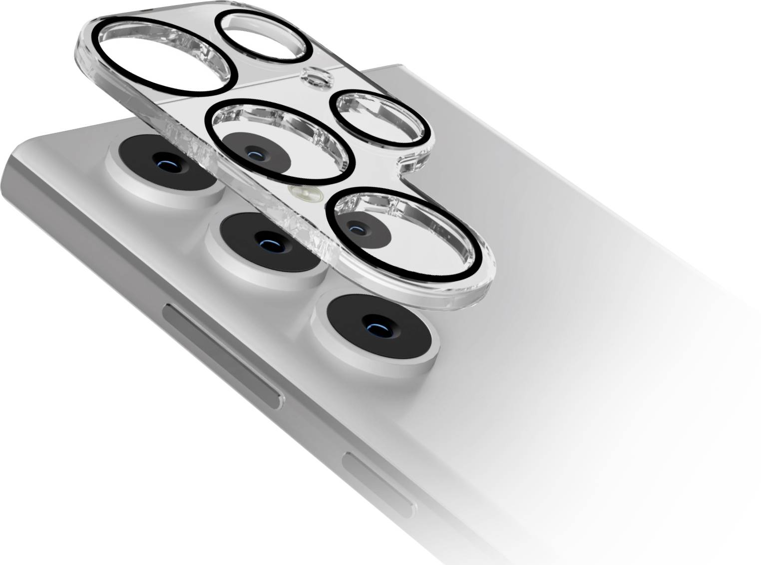 Close-up of a smartphone with multiple camera lenses. A protective lens cover is positioned above, showing precise lens alignment.