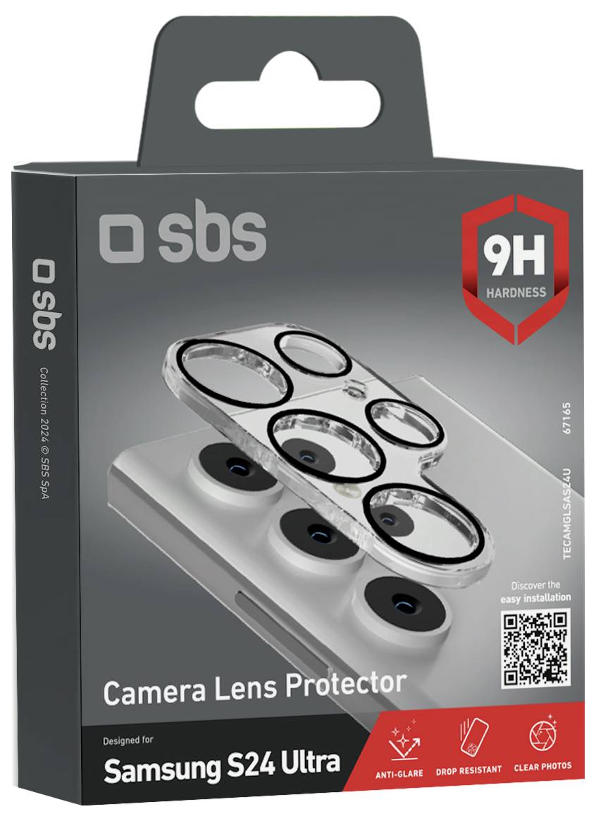 'Camera lens protector packaging for Samsung S24 Ultra, showing anti-glare, drop resistance, and clear photos features with 9H hardness.'