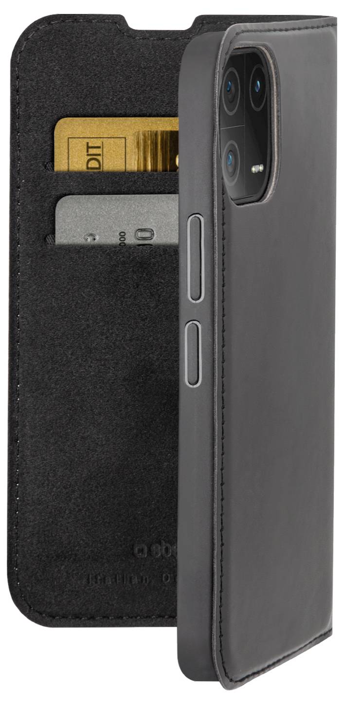 A smartphone in a black leather wallet case is open, showing two cards in pocket slots. The phone's dual camera lenses are visible.