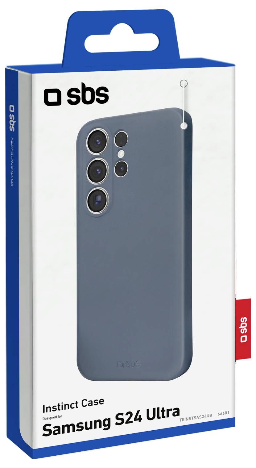 'SBS Instinct Case for Samsung S24 Ultra' packaging showing a phone case with precise camera cutouts, in a durable, sleek design.