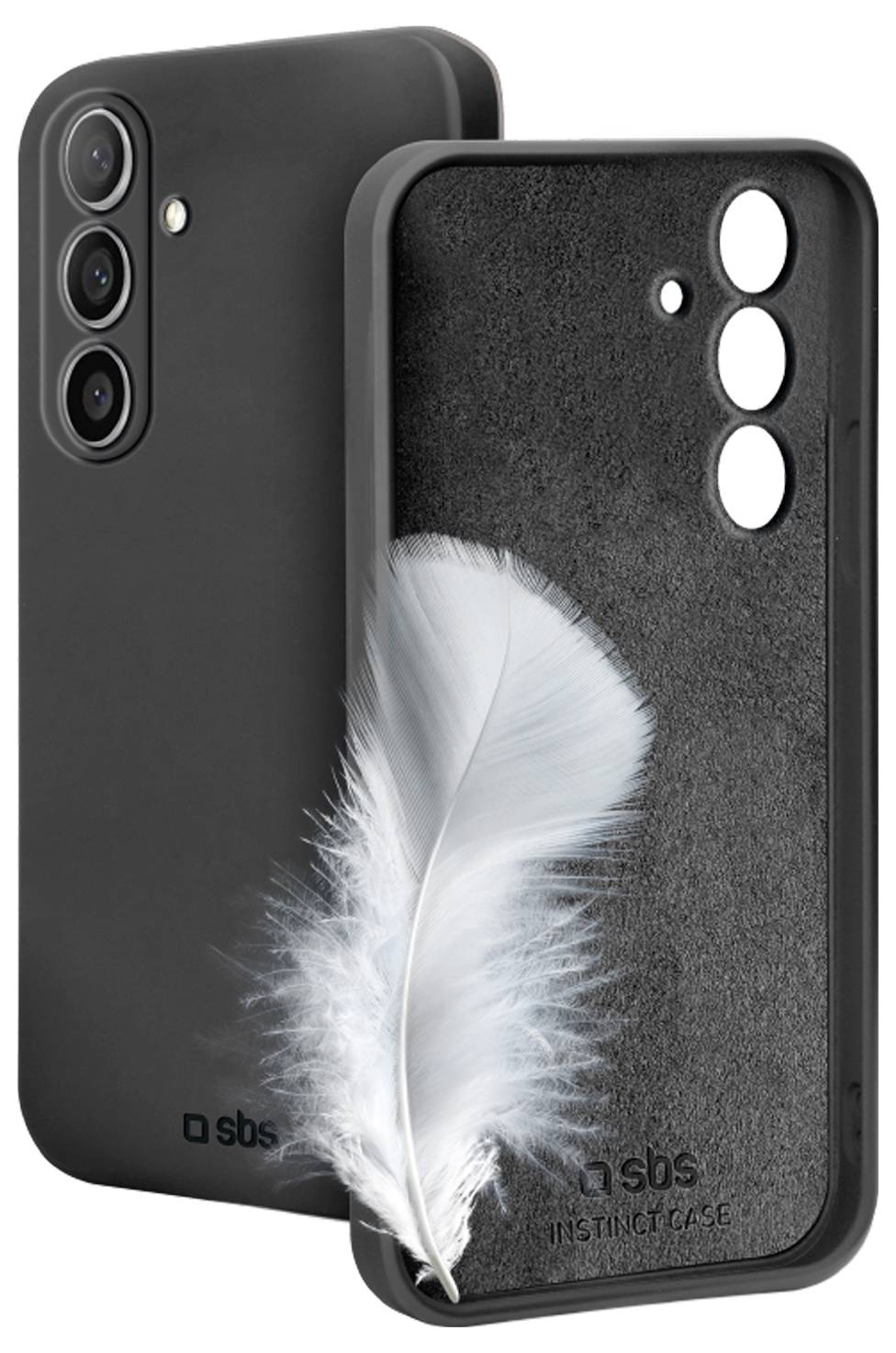 Two black phone cases, one with exposed interior showing soft texture, and a delicate white feather highlighting its gentle interior.