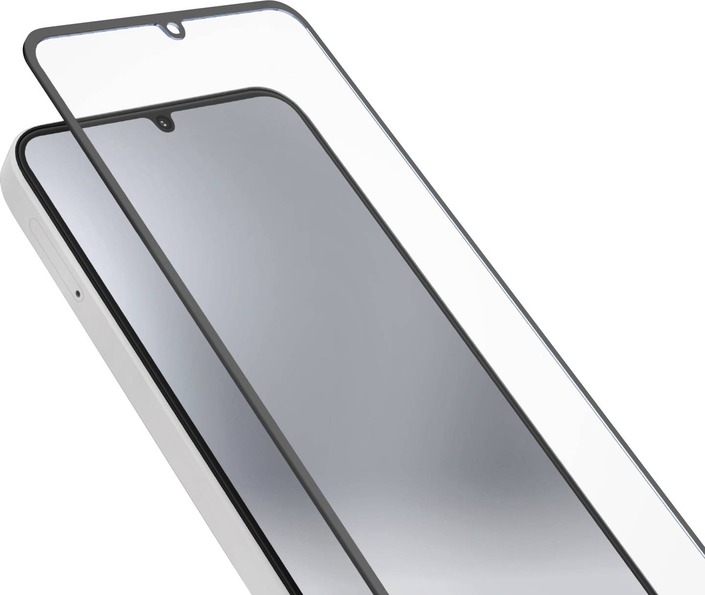 A smartphone with a screen protector being applied, aligning perfectly over the screen to illustrate protection and fit.