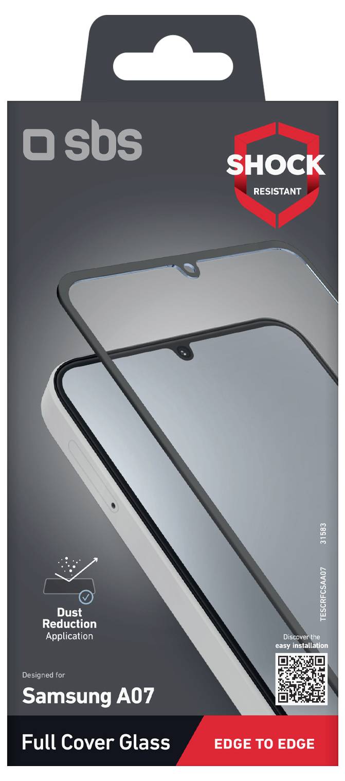 'SBS Full Cover Glass for Samsung A07', shock-resistant screen protector packaging. Features edge-to-edge coverage and dust reduction.