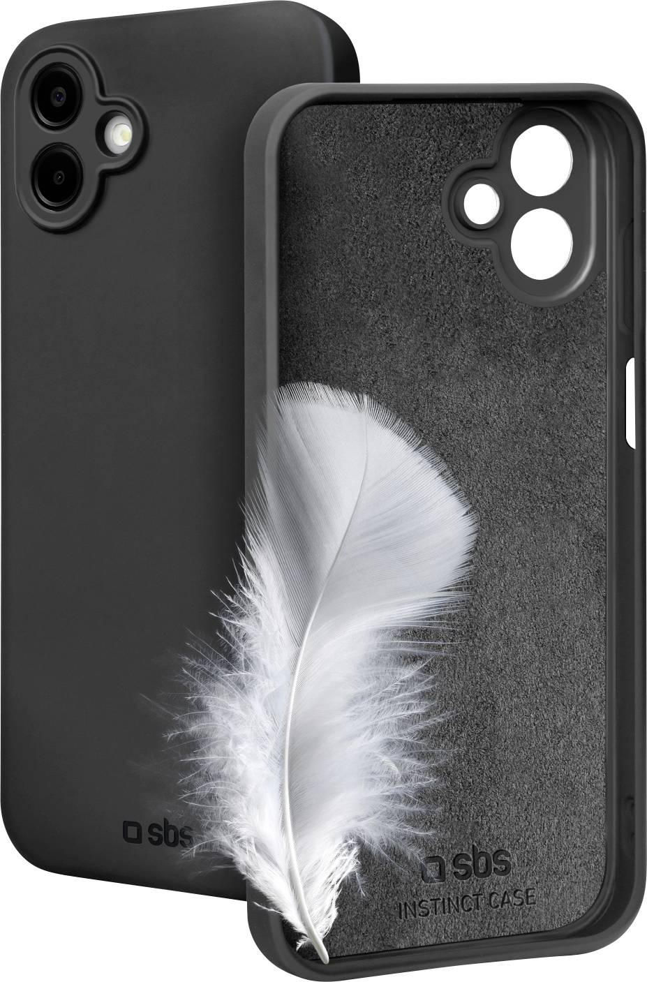 Black smartphone case with a white feather, suggesting it is lightweight.