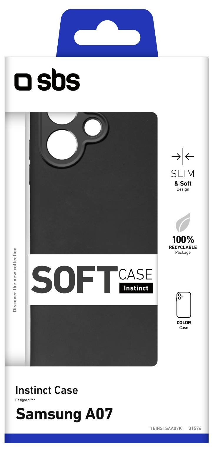 'Black phone case for Samsung A07 in packaging, labeled as soft, slim, and 100% recyclable.'