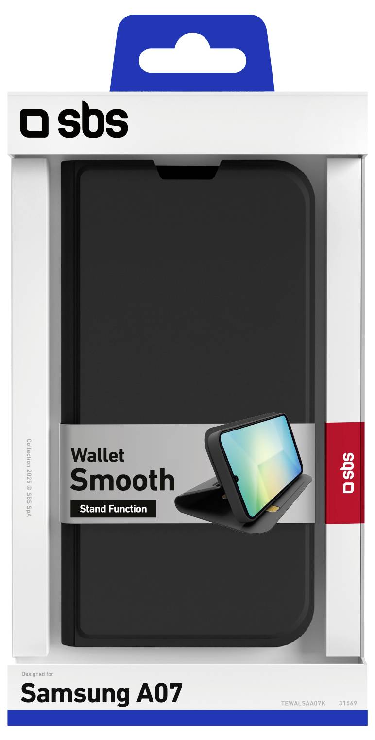 Black wallet case for Samsung A07 with a stand function, shown in packaging, labeled 'Wallet Smooth'.