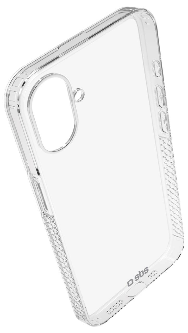 'Transparent phone case with textured sides for grip and precise cutouts for camera and buttons. Brand logo visible at the bottom.'
