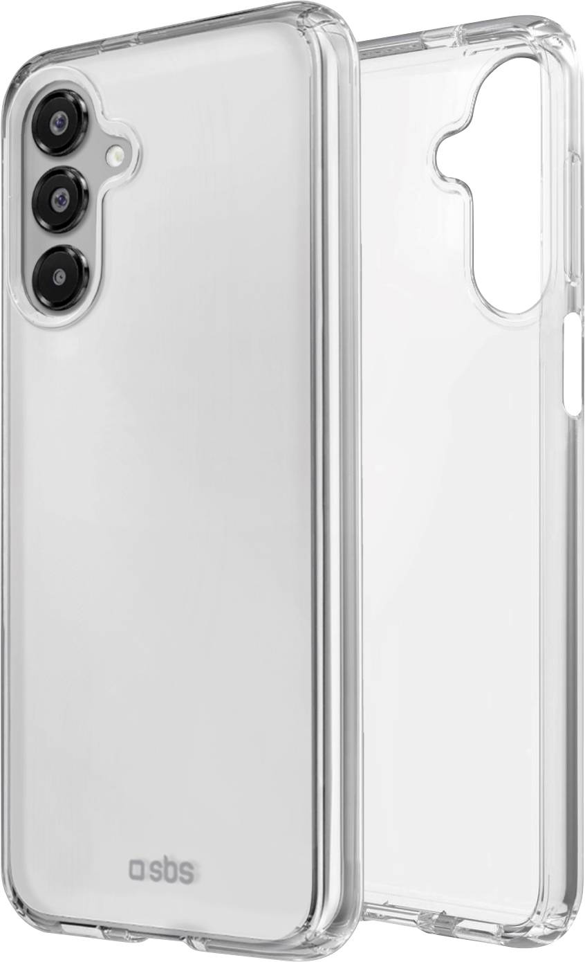 Clear phone case showcasing triple camera cutout design, back view emphasized, with a logo at the bottom corner.