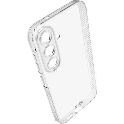 Transparent phone case with reinforced edges and cutouts for three camera lenses, buttons, and ports. Brand logo 'SBS' visible at the bottom.