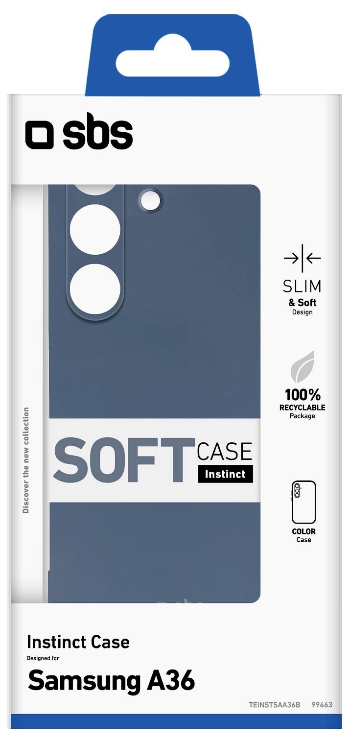 'SBS Soft Case for Samsung A36.' Blue phone case packaging highlights 'Slim & Soft Design,' '100% Recyclable Package', and 'Color: Dark Blue'.