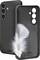 'Black smartphone case with three camera cutouts. A light feather rests inside the case, illustrating its lightness. Company logo present.'