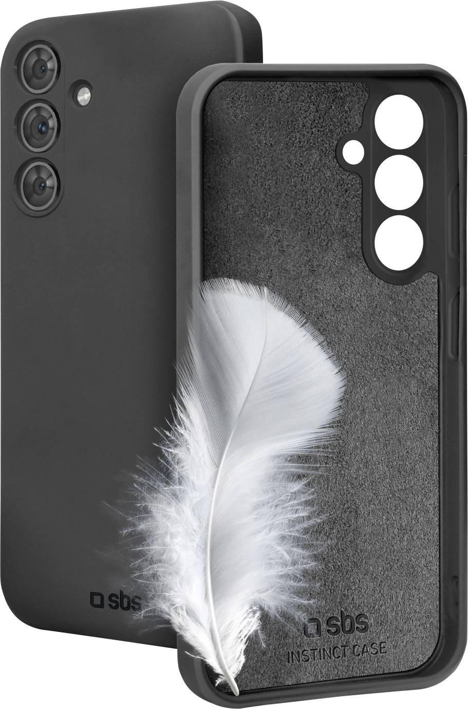 A phone case with a feather illustration, emphasizing its lightweight and slim design. The case has cutouts for the camera and buttons.