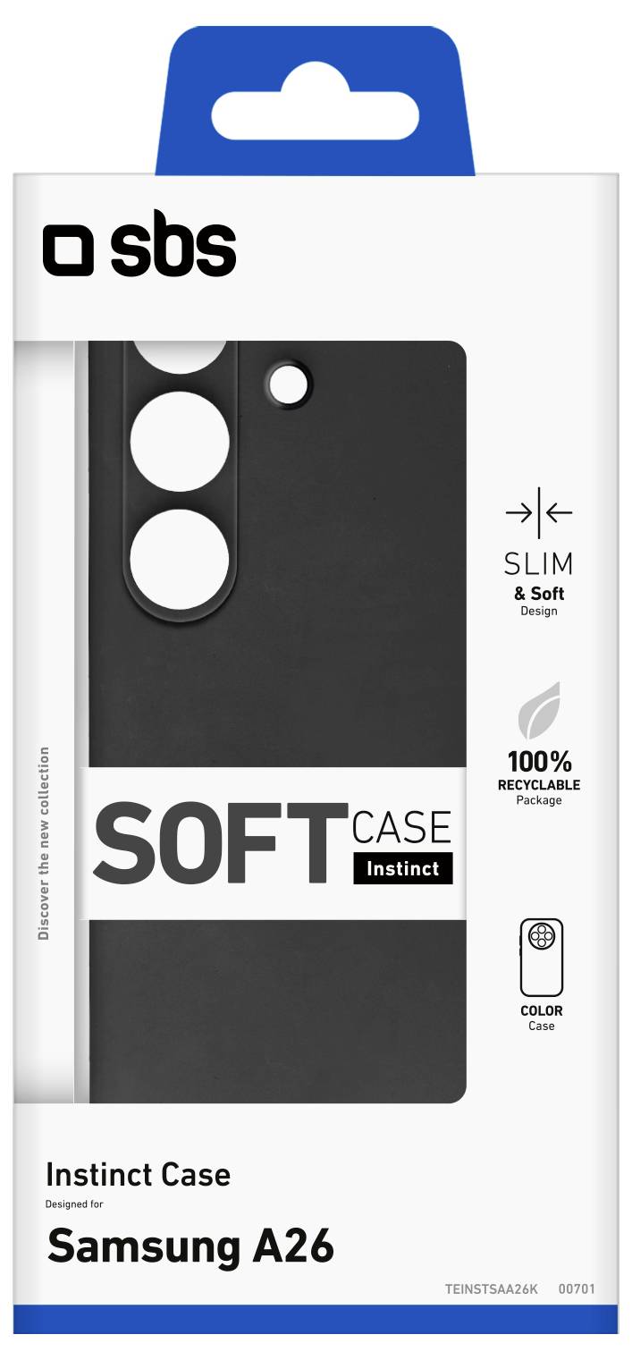 'Soft Case Instinct' phone case packaging for Samsung A26. Features include slim design, soft texture, and 100% recyclable materials.