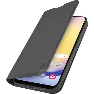 A smartphone with a black flip cover partially open, displaying a colorful home screen with various app icons.