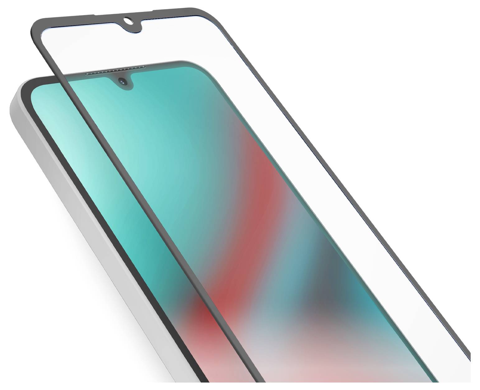 A smartphone screen protector placed in front of a mobile phone with a colorful, abstract screen display showing a gradient of teal and red.