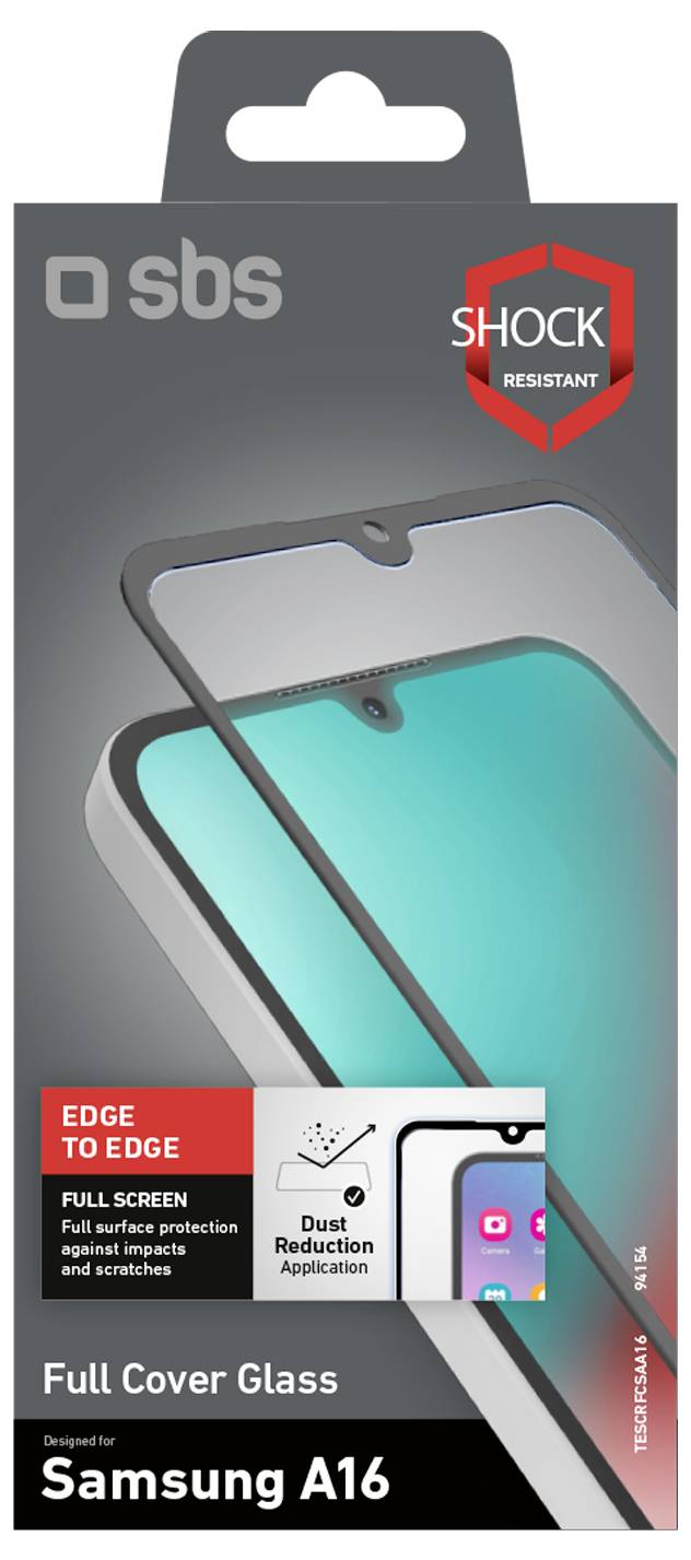 'Full Cover Glass for Samsung A16', shock-resistant, edge-to-edge design, protects against impacts, includes dust reduction application.