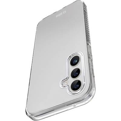 A smartphone with three rear cameras in a vertical alignment, featuring a clear protective case highlighting its sleek design.