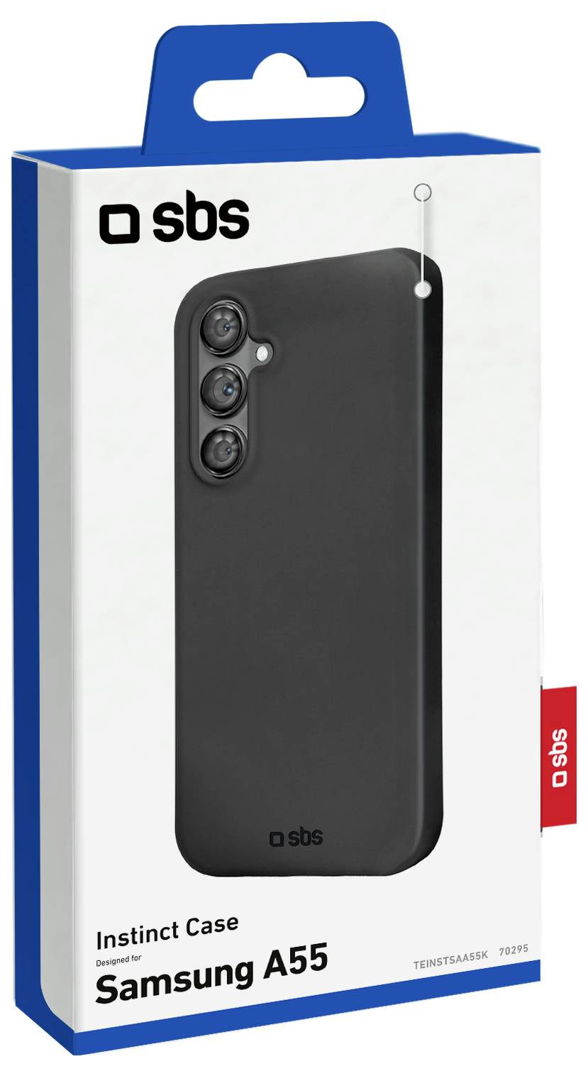 'Packaging for SBS Instinct Case, designed for Samsung A55. Image shows a black phone case with a camera protection design.'