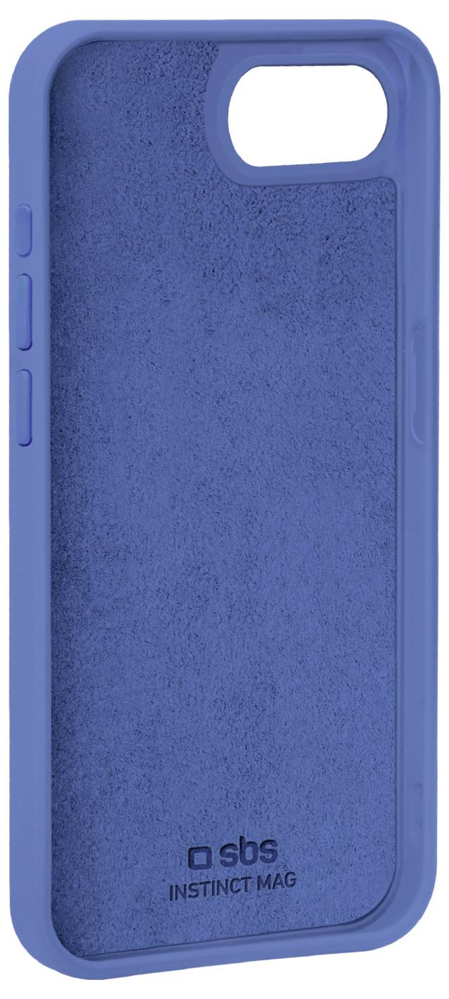 A blue smartphone case with a textured inner lining, cutouts for the camera and buttons, and brand logo 'sbs INSTINCT MAG' at the bottom.