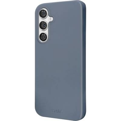 A blue mobile phone case with a cutout for a triple-camera setup on the back, viewed from the side.
