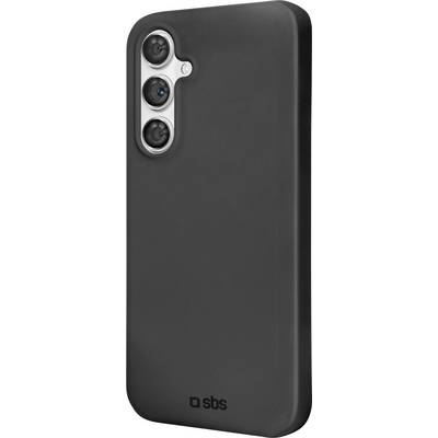 'A smartphone with a black protective case featuring three rear cameras aligned vertically on the upper left side.'
