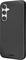 'A smartphone with a black protective case featuring three rear cameras aligned vertically on the upper left side.'