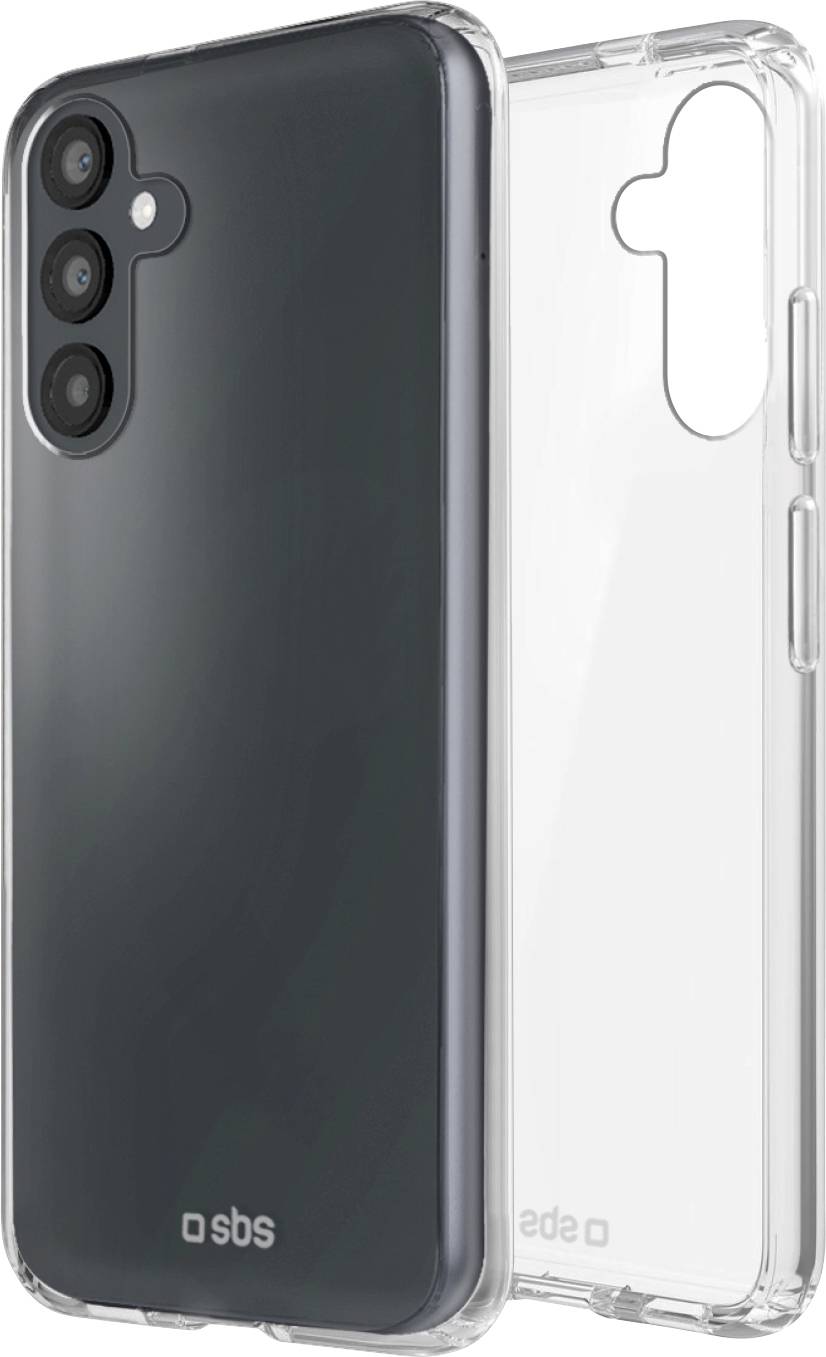 A transparent protective phone case showing the front and back view, highlighting camera cutouts and button placements.