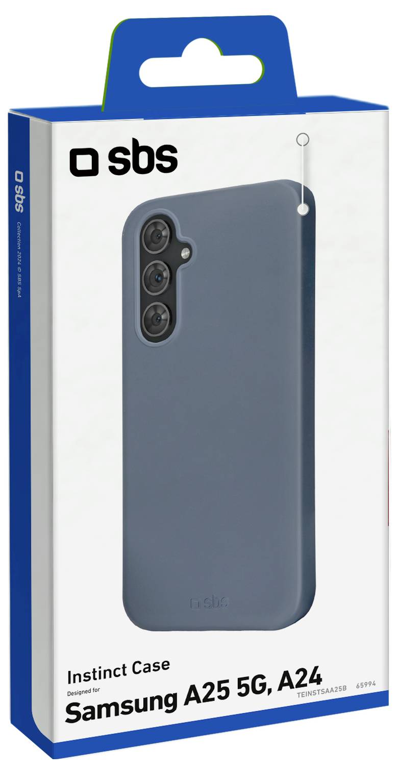 A blue SBS Instinct Case box for Samsung A25 5G, A24, showcasing the back, with camera cutouts and brand logos on packaging.