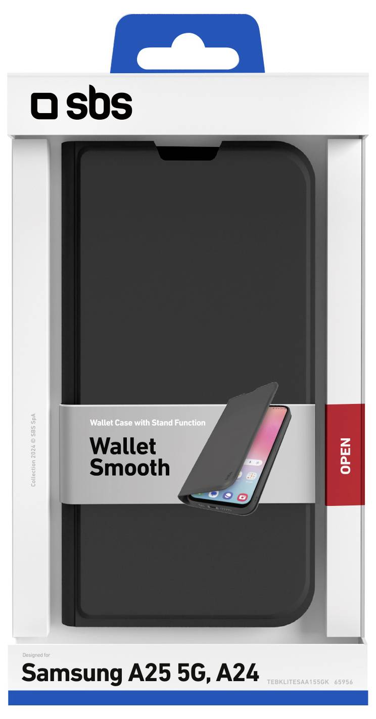 'Wallet Smooth' black wallet case in packaging for Samsung A25 5G, A24, featuring a stand function.