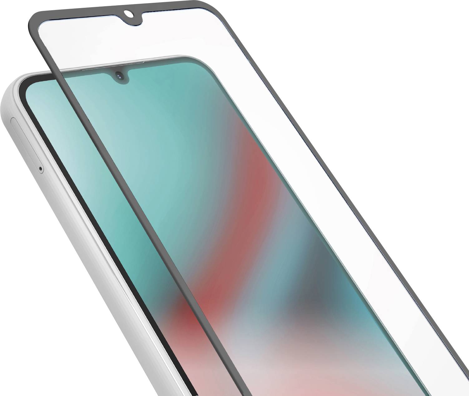 A smartphone with a screen protector partially applied, showing a portion of the front view. The screen displays abstract colors.