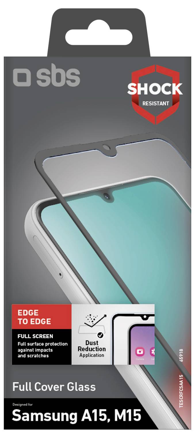 'SBS Full Cover Glass' packaging for Samsung A15, M15 phones. Features include shock resistance, edge-to-edge screen protection, dust reduction.